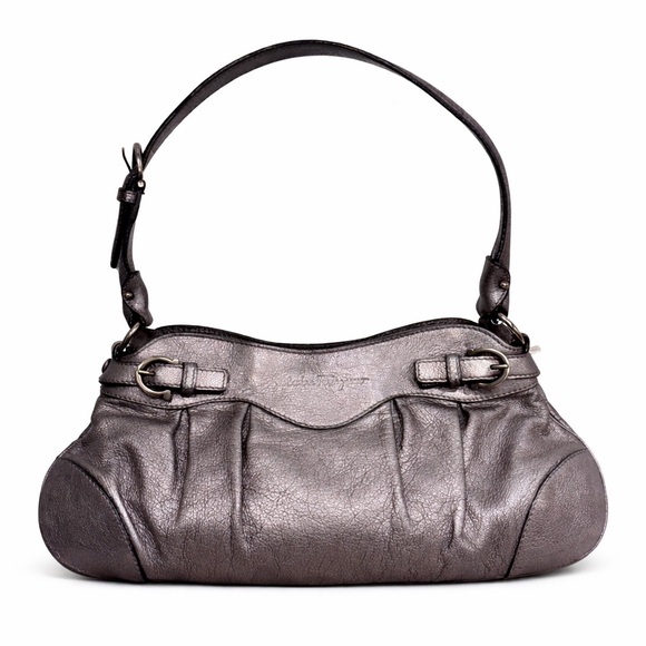 Salvatore Ferragamo Marisa Silver Metallic Calfskin Pochette Shoulder Bag
